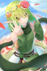  absurdres amen_osora aoi_(princess_connect!) blue_sky blurry blurry_background blurry_foreground blush detached_sleeves elf falling_petals female flower green_eyes green_hair green_scarf green_shirt green_sleeves hair_between_eyes hair_ornament head_wreath highres looking_at_viewer medium_hair open_mouth petals pointy_ears princess_connect! scarf shirt short_hair sky sleeveless sleeveless_shirt solo two-tone_shirt white_shirt 