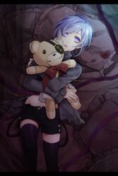  1boy androgynous black_shirt black_shorts black_thighhighs diabolik_lovers holding holding_stuffed_toy long_sleeves looking_at_viewer lying male_focus murashige-lu on_back on_bed open_mouth purple_eyes purple_hair sakamaki_kanato shirt short_hair shorts solo stuffed_animal stuffed_toy teddy_(diabolik_lovers) teddy_bear thighhighs 