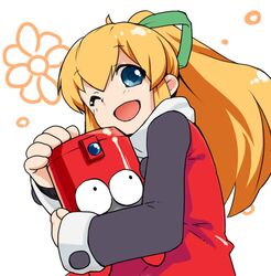  blonde_hair blue_eyes dress eddie_(mega_man) female green_ribbons hair_ribbon long_hair looking_at_viewer mega_man_(classic) mega_man_(series) one_eye_closed open_mouth phenne ponytail red_dress ribbon roll_(mega_man) smile white_background 