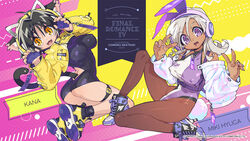  2girls ahoge akatsuki_gomoku animal_ears ankle_boots artist_name ass black_hair boots breasts cat_ears cat_tail character_name claw_pose clothes_writing copyright_name copyright_notice covered_nipples cropped_jacket dark-skinned_female dark_skin double_v fake_animal_ears fake_tail fangs final_romance_4 flipped_hair harness headphones high_heel_boots high_heels highleg highleg_leotard jacket large_breasts leotard long_hair long_sleeves looking_at_viewer multiple_girls nail_polish oerba_yun_fang off_shoulder official_art open_clothes open_jacket open_mouth pantyhose paw_shoes photoshop_(medium) purple_eyes purple_nails rabbit_ears rabbit_tail shoes short_hair slit_pupils sneakers tail thigh_strap twisted_torso v white_hair yellow_eyes yellow_jacket yellow_nails 