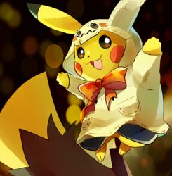  bad_id bad_pixiv_id bow brown_eyes commentary_request cosplay halloween hands_up hood hood_up jaibus mimikyu mimikyu_(cosplay) no_humans open_mouth orange_bow pikachu pokemon pokemon_(creature) solo tongue 