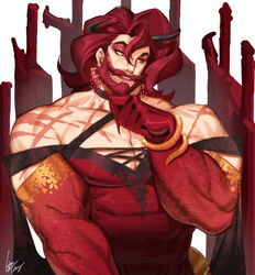  1boy bara bare_shoulders beard character_request check_character check_copyright copyright_request covered_abs covered_navel covered_nipples cross-laced_cutout demon_boy demon_horns dress facial_hair fingernails gomtang horns large_pectorals male_cleavage male_focus mature_male moustache muscular muscular_male original pectorals planted planted_sword red_dress red_eyes scar scar_on_arm scar_on_chest sharp_fingernails short_hair solo sword upper_body veins weapon 