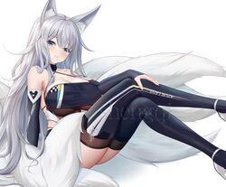  animal_ears ankle_strap azur_lane bare_shoulders blue_eyes breasts chinese_commentary cleavage copyright_name criss-cross_halter crossed_legs detached_sleeves dot_nose elbow_gloves female fox_ears fox_girl gloves hair_between_eyes hair_in_own_mouth halterneck hand_on_own_leg high_heels huge_breasts kitsune long_hair looking_at_viewer mouth_hold official_alternate_costume race_queen shenqi_(toid310) shinano_(azur_lane) shinano_(moonlit_chrome)_(azur_lane) simple_background sitting solo thighhighs thighs white_background white_footwear white_hair 