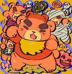  2020 absurd_res animal_crossing anthro bear brown_body brown_fur buta5kawa candy chibi closed_eyes clothing dessert food fur halloween hat headgear headwear hi_res holidays kemono male mammal mummy_costume mummy_wrappings nintendo slightly_chubby solo teddy_(animal_crossing) 