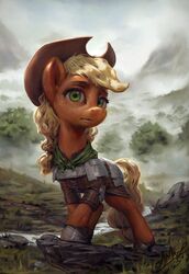  2020 applejack_(mlp) armor assasinmonkey clothed clothed_feral clothing detailed_background digital_media_(artwork) digital_painting_(artwork) earth_pony equid equine eyelashes female feral friendship_is_magic green_eyes hasbro hat headgear headwear hi_res horse looking_at_viewer mammal my_little_pony outside pony solo 