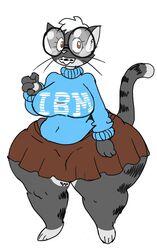  4_fingers anthro big_breasts big_glasses bottom_heavy bottomwear braces breasts brown_eyes buckteeth cathy_(vdisco) clothed clothing digital_drawing_(artwork) digital_media_(artwork) domestic_cat eyewear felid feline felis female fingers flat_colors full-length_portrait fully_clothed fur glasses grey_body grey_fur hair hi_res ibm mammal portrait raised_tail round_glasses simple_background skirt solo standing striped_body striped_fur stripes sweater tail teeth thick_thighs topwear turtleneck vdisco whiskers white_background white_hair wide_hips 