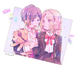  1boy blonde_hair blood blood_on_face blush diabolik_lovers female hano_luno highres holding holding_stuffed_toy komori_yui looking_at_another oerba_yun_fang open_mouth pink_eyes purple_eyes purple_hair sakamaki_kanato short_hair straight stuffed_animal stuffed_toy teddy_(diabolik_lovers) teddy_bear vampire white_background 