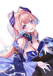  bare_shoulders bow bow-shaped_hair bowtie breasts cleavage detached_collar female genshin_impact hair_ornament long_sleeves looking_at_viewer medium_breasts mikan03_26 open_mouth pink_hair purple_eyes sangonomiya_kokomi simple_background smile upper_body water_drop white_background 