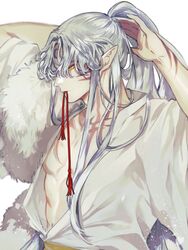  1boy abs arms_up biting closed_mouth collarbone commentary_request crescent facial_mark fur_trim high_ponytail highres inuyasha korean_commentary long_hair long_sleeves looking_to_the_side male_focus mgmg_1012 mouth_hold open_clothes pointy_ears sesshoumaru simple_background solo upper_body white_background white_hair yellow_eyes 