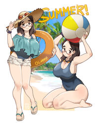  ball beachball blue_one-piece_swimsuit breasts brown_eyes brown_hair cleavage commentary english_commentary eyewear_on_headwear female flip-flops glasses goggles goggles_around_neck hat highres holding holding_ball holding_beachball holding_swim_ring huge_breasts innertube off-shoulder_shirt off_shoulder olverse one-piece_swimsuit open_fly orange_innertube original palm_tree poch4n sandals school_swimsuit scrunchie seiza shirt short_shorts shorts signature sitting sun_hat sunglasses swim_ring swimsuit timid_office_lady_(poch4n) tree wrist_scrunchie 