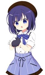  :o beret bow bowtie commentary female fuiba_fuyu gochuumon_wa_usagi_desu_ka? hair_ornament hat highres open_mouth purple_eyes purple_hair rabbit rabbit-hinata shirt skirt striped suspender_skirt suspenders white_shirt 