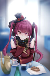  bare_shoulders black_gloves blush breasts cup detached_sleeves female gloves hat heterochromia highres hololive houshou_marine houshou_marine_(gothic_lolita) large_breasts long_hair long_sleeves looking_at_viewer mini_hat official_alternate_costume official_alternate_hair_length official_alternate_hairstyle oumi_(rsag) red_eyes red_hair sitting smile solo table teacup teapot twintails very_long_hair virtual_youtuber yellow_eyes 