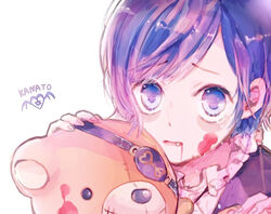  1boy blood blood_from_mouth blood_on_face character_name diabolik_lovers eyepatch frills hano_luno heart hexagram holding holding_stuffed_toy jacket long_sleeves looking_at_viewer male_focus oerba_yun_fang print_eyepatch purple_eyes purple_hair purple_jacket sakamaki_kanato short_hair simple_background solo star_of_david stuffed_animal stuffed_toy tears teddy_(diabolik_lovers) teddy_bear vampire white_background wings 