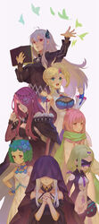  6+girls absurdres bare_shoulders black_dress blindfold blonde_hair blunt_bangs book bound bound_legs breasts broken broken_chain butterfly_hair_ornament carmilla_(re:zero) chains cleavage clenched_hands closed_mouth coat colored_eyelashes commentary covered_eyes crying daphne_(re:zero) detached_sleeves dress echidna_(re:zero) flower green_eyes green_hair green_scarf grey_background grin hair_between_eyes hair_flower hair_ornament hair_over_one_eye hand_on_own_hip head_wreath heart heart_hair_ornament hidden_eyes highres holding holding_book jolker legbinder long_hair long_sleeves looking_at_viewer looking_to_the_side medium_breasts minerva_(re:zero) multiple_girls open_mouth own_hands_clasped own_hands_together parted_bangs pink_hair re:zero_kara_hajimeru_isekai_seikatsu red_eyes satella_(re:zero) scarf see-through sekhmet_(re:zero) short_hair side_ponytail sidelocks simple_background sleeveless sleeveless_dress smile spaghetti_strap swept_bangs tearing_up tears typhon_(re:zero) veil white_coat white_dress white_hair white_sleeves 