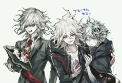  3boys bad_id bad_pixiv_id can charles-henri_sanson_(fate) charles-henri_sanson_(festival_outfit)_(fate) clenched_teeth cloak color_connection commentary_request creator_connection crossover danganronpa_(series) danganronpa_2:_goodbye_despair edmond_dantes_(fate) edmond_dantes_(first_ascension)_(fate) fate/grand_order fate_(series) hair_color_connection hair_ornament hat hood hoodie komaeda_nagito koshika_rina male_focus monokuma monomi_(danganronpa) multiple_boys pale_skin red_eyes scarf teeth white_hair yellow_eyes 