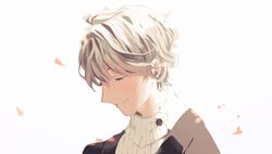  1boy black_jacket closed_eyes earrings grey_sweater hair_behind_ear highres jacket jewelry kaida_haru kaida_haru_(2nd_costume) leaf male_focus nijisanji sakai_eri_(illustratoreri) smile solo sweater upper_body virtual_youtuber white_background 