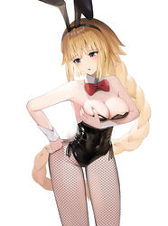  animal_ears bare_arms bare_shoulders black_leotard blonde_hair blue_eyes bow braid breast_hold breasts cleavage commentary fake_animal_ears fate/apocrypha fate_(series) female fishnet_pantyhose fishnets highres jeanne_d&#039;arc_(fate) jeanne_d&#039;arc_(ruler)_(fate) leotard long_hair pantyhose playboy_bunny purple_eyes rabbit_ears red_bow simple_background single_braid solo sunga2usagi very_long_hair white_background 