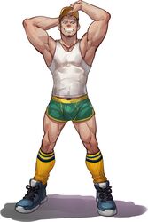  1boy armpits arms_up bara baseball_cap bulge chinese_commentary commentary_request dolphin_shorts facial_hair full_body goatee green_shorts grin hat highres legs_apart looking_at_viewer male_focus mature_male midriff_peek muscular muscular_male navel_hair nipples no_pants original pectorals selkiro shoes short_hair shorts sideburns smile smug sneakers socks solo standing stomach tank_top thighs underwear white_tank_top 