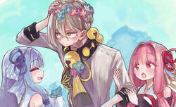  1boy 2girls bare_shoulders bell black_dress blue_dress blue_hair blue_ribbon blush commentary detached_sleeves dress embarrassed facing_another flower_wreath frown grey_hair hair_bell hair_ornament hair_ribbon hand_on_own_head head_down holding_another&#039;s_arm iori_yuzuru kotonoha_akane kotonoha_aoi light_blue_hair long_hair looking_at_another looking_away microa multiple_girls necktie pink_hair red_ribbon ribbon sailor_collar shirt siblings sidelocks sisters sweat upper_body very_long_hair voiceroid white_shirt yellow_eyes yellow_necktie 