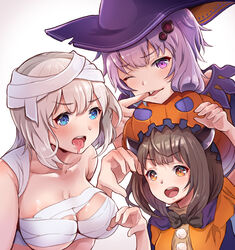  3girls absurdres bandaged_head bandages blue_eyes blunt_bangs breasts brown_eyes brown_hair claw_pose commentary finger_in_own_mouth hair_ornament halloween halloween_costume hands_up hat headgear highres kizuna_akari large_breasts leaning_forward long_hair looking_at_viewer multiple_girls mummy oerba_yun_fang one_eye_closed open_mouth orange_headwear pumpkin_hat purple_eyes purple_hair purple_headwear saliva short_hair tongue tongue_out touhoku_kiritan upper_body vocaloid voiceroid white_background white_hair witch_hat yasuhara_roku yuzuki_yukari 