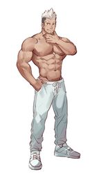  1boy abs bara facial_hair full_body goatee large_pectorals male_focus mature_male muscular muscular_male navel nipples original pants pectorals selkiro short_hair sideburns smile solo standing stomach stubble topless_male white_pants 