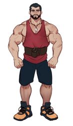  1boy bara bare_shoulders beard belt black_shorts dog_tags facial_hair full_body large_pectorals looking_at_viewer male_focus mature_male muscular muscular_male original pectoral_cleavage pectorals red_tank_top selkiro short_hair shorts sidepec smile solo tank_top 