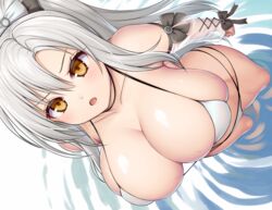  anthro asamura_hiori azur_lane bikini bow breasts brown_eyes cleavage close drake_(azur_lane) long_hair ponytail see_through swimsuit water 