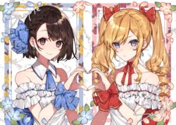  2girls blonde_hair blue_eyes blush braid brown_eyes brown_hair claire_francois dress drill_hair earrings floral_background french_braid hanagata heart heart_hands heart_hands_duo jewelry multiple_girls rae_taylor ribbon scrunchie strapless strapless_dress twin_drills twintails watashi_no_oshi_wa_akuyaku_reijou yuri 