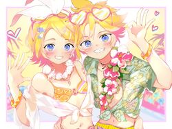  1boy arm_around_waist bad_id bad_twitter_id bikini bracelet female flower green_shirt hand_on_another&#039;s_hip hawaiian_shirt heart hibiscus highres hug jewelry kagamine_len kagamine_rin midriff navel necklace ok_sign orange_bikini oyamada_gamata palm_tree pink_flower see-through see-through_shawl shawl shell shell_necklace shirt swimsuit tied_shirt tree upper_body vocaloid waving 