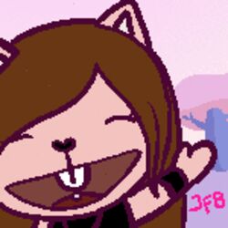  1:1 animated anthro brown_hair canid canine canis chibi digital_media_(artwork) female fur greeting hair happy happy_tree_friends htf_character htfstyle j.fbelen jfbelen long_hair low_res mammal piercing pink_body pink_fur pixel_(artwork) pixel_animation short_playtime smile solo thumbnail wolf 