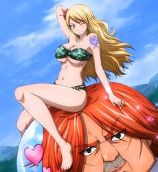  arm_up bikini blonde_hair blue_eyes breasts cleavage fairy_tail flower hair_flower hair_ornament highres ichiya_wanderlei_kotobuki jenny_realight long_hair navel one_eye_closed pose screencap stitched swimsuit tattoo underboob wet 