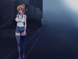  bare_shoulders bible_black black_legwear blonde_hair blue_eyes breasts female highres large_breasts legs long_hair looking_at_viewer nightmare_express ponytail road saeki_kaori shoes skirt smile solo street thighs walking 