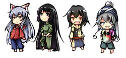  4girls :d :o absurdly_long_hair alternate_costume bad_id bad_twitter_id black_eyes black_hair blush bow chibi cigarette contemporary fujiwara_no_mokou full_body grey_hair hairbow hat headphones houraisan_kaguya koro_(cookie) long_hair mononobe_no_futo multiple_girls open_mouth orange_eyes pom_pom_(clothes) ponytail red_eyes ribbon shameimaru_aya short_hair simple_background smile smoke standing touhou track_suit very_long_hair white_background white_bow 