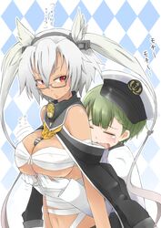  2girls b-man breast_envy breasts chest_sarashi closed_eyes commentary_request dark-skinned_female dark_skin female_admiral_(kancolle) glasses gloves grabbing grabbing_another&#039;s_breast grabbing_from_behind green_hair hat kantai_collection large_breasts long_hair multiple_girls musashi_(kancolle) navel pointy_hair red_eyes sakuramon sarashi short_hair tears translation_request two_side_up white_gloves white_hair 