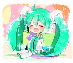  ahoge artist_name chibi closed_eyes commentary_request detached_sleeves female green_hair hatsune_miku headset long_hair mami_(sweetcandy) oerba_yun_fang open_mouth partial_commentary sitting skirt solo sparkle twintails very_long_hair vocaloid 