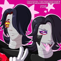  1:1 2016 alternate_universe ambiguous_gender android clothed clothing digital_media_(artwork) duo gaiki hair half-closed_eyes humanoid looking_at_viewer low_res machine mettaton mettaton_(underfell) mettaton_ex mettaton_ex_(underfell) narrowed_eyes not_furry open_mouth robot smile teeth tongue tongue_out underfell undertale undertale_(series) 