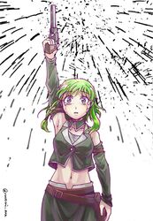  arm_up armpits artist_name bare_shoulders belt braid collarbone commentary_request crop_top crying crying_with_eyes_open detached_collar detached_sleeves evillious_nendaiki female fireworks green_eyes green_hair gumi gun handgun holding holding_gun holding_weapon holster master_of_the_heavenly_yard_(vocaloid) midriff navel nemesis_sudou revolver rooomi saigo_no_revolver_(vocaloid) short_hair side_braid sleeveless sleeveless_jacket solo tears twitter_username vocaloid weapon white_background 