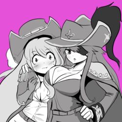  2girls :o :t asymmetrical_docking blush breast_press breasts cleavage closed_mouth collarbone commentary_request cowboy_hat cowboy_western crusaders_quest d&#039;artagnan_(crusaders_quest) elbow_gloves elbow_pads elflorri epaulettes eyepatch genderswap_(mtf) gloves greyscale_with_colored_background hand_on_another&#039;s_shoulder hand_on_own_hip hat hat_ornament korean_commentary large_breasts long_hair long_sleeves looking_at_viewer mole mole_under_eye monochrome multiple_girls one_eye_covered open_mouth pink_background pirate rochefort_(crusaders_quest) rule_63 simple_background small_breasts sweat tareme tsurime unaligned_breasts upper_body 