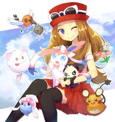  :&gt; bad_id bad_pixiv_id bare_shoulders blue_eyes brown_hair dedenne eyewear_on_head female flabebe flabebe_(red_flower) fletchling flower hat inkay kamogonn long_hair one_eye_closed pancham pokemon pokemon_(creature) pokemon_xy scatterbug serena_(pokemon) skirt sunglasses swirlix sylveon thighhighs 