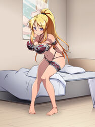  arms_behind_back barefoot bed bed_sheet bible_black blonde_hair blush bondage bondage bound breasts feet female highres large_breasts legs long_hair looking_at_viewer navel nightmare_express pillow ponytail purple_eyes rope saeki_kaori smile solo standing thighs toes 