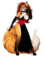  anthro avoid_posting big_tail breasts canid canine cleavage clothed clothing collar digital_media_(artwork) dress female flower footwear fox frisket17 fur hair high_heels inner_ear_fluff long_hair looking_at_viewer mammal plant revealing_(disambiguation) rose_(flower) shoes simple_background solo standing tail tuft 