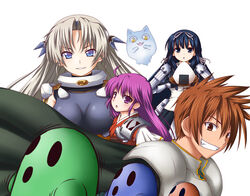  1boy 3girls arms_arc black_hair blue_eyes brown_eyes brown_hair commentary_request grey_hair hanny highres kentou_kanami kuena long_hair multiple_girls purple_eyes purple_hair rance rance_(series) suzume_(rance) uesugi_kenshin_(rance) 