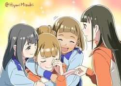  4girls accessory_tan bad_id bad_twitter_id black_hair blunt_bangs brown_eyes brown_hair closed_eyes commentary crying giving grey_eyes group_hug hair_bun happy_tears hiyori_mizuki hood hooded_jacket hug hug_from_behind inactive_account jacket kobuchizawa_shirase long_hair miyake_hinata multiple_girls pajamas shiny_skin shiraishi_yuzuki single_hair_bun smile sora_yori_mo_tooi_basho sparkle sparkle_background tamaki_mari tan tanlines tearing_up tears tissue twitter_username 