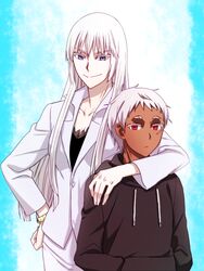  1boy arm_around_neck blue_eyes commentary_request female hands_in_pocket hood hoodie johnathan_mar jormungand_(manga) koko_hekmatyar long_hair long_sleeves red_eyes scar short_hair skirt smile taneko_(motitto092) white_hair 