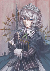  alternate_costume artist_name blue_eyes braid cape commentary_request dress female gloves hideki izayoi_sakuya koumajou_densetsu maid_headdress photoshop_(medium) pocket_watch ribbon short_hair short_sword smile solo sword touhou watch weapon white_hair 