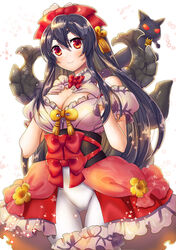  black_cat black_hair blush breasts cleavage commentary_request cowboy_shot detached_sleeves feline female gloves hair_between_eyes hands_on_own_chest highres large_breasts long_hair looking_at_viewer morioka_(oshiro_project) oshiro_project:re red_eyes shachihoko smile solo suou_sakura thick_eyebrows white_gloves 