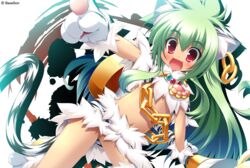  absurdres animal_ears animal_hands cat_ears chains earrings female gloves green_hair highres jewelry koihime_musou kuwada_yuuki long_hair midriff moukaku navel oerba_yun_fang open_mouth paw_gloves paw_shoes pointing red_eyes shoes smile solo staff tail very_long_hair weapon 