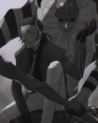  1boy ashihana_eiryou cigarette commentary_request formal greyscale grin highres karakuri_circus male_focus monochrome mouth_hold necktie punchinello puppet puppet_strings sideburns sitting smile smoking staff suit y_kikka 