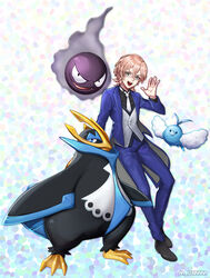  1boy bird commentary_request crossover empoleon feathers fluffy formal full_body gastly grey_eyes korean_commentary male_focus meon_(m_onnnnn) mikado_nagi necktie open_mouth photoshop_(medium) pink_hair pokemon pokemon_(creature) smile suit swablu uta_no_prince-sama 