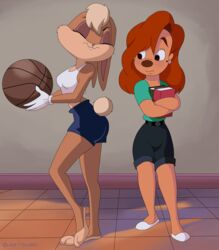  2018 absurd_res anthro ball basketball_(ball) book bottomwear brown_nose canid canine canis closed_eyes clothed clothing crop_top crossed_arms crossover disney domestic_dog duo ear_piercing ears_down eyelashes female footwear fur glee-chan gloves goof_troop hair handwear hi_res holding_ball holding_book holding_object inside lagomorph leporid lola_bunny looking_at_another looney_tunes mammal markings midriff mole_(marking) piercing pivoted_ears rabbit red_hair roxanne_(goof_troop) shirt shoes shorts small_tail space_jam tail tan_body tan_fur topwear warner_brothers white_clothing white_gloves white_handwear 